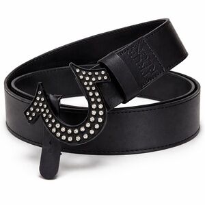 True Religion Belt Black Rhinestone Horseshoe Buckle 42 48" Leather